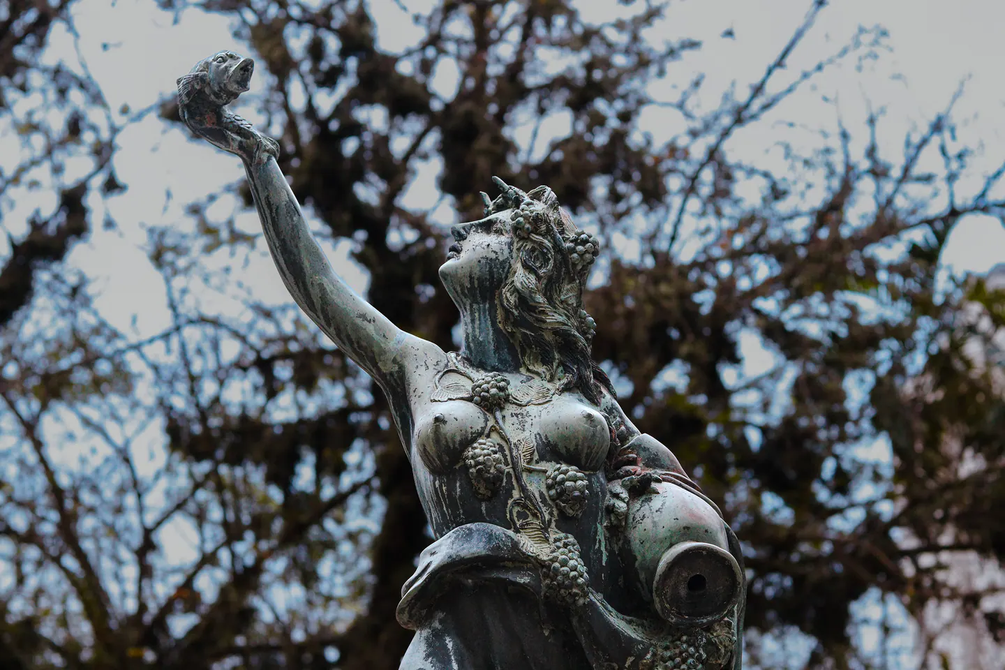 estátua de bronze erguendo um peixe contra os galhos