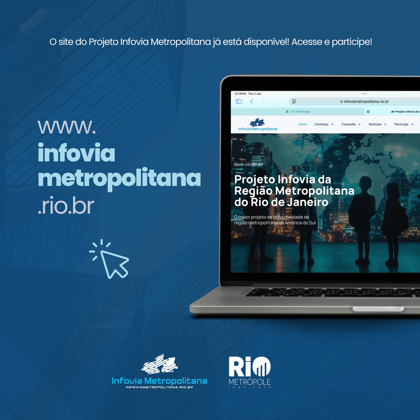 post de lançamento do site do projeto infovia metropolitana, com o site aberto num notebook