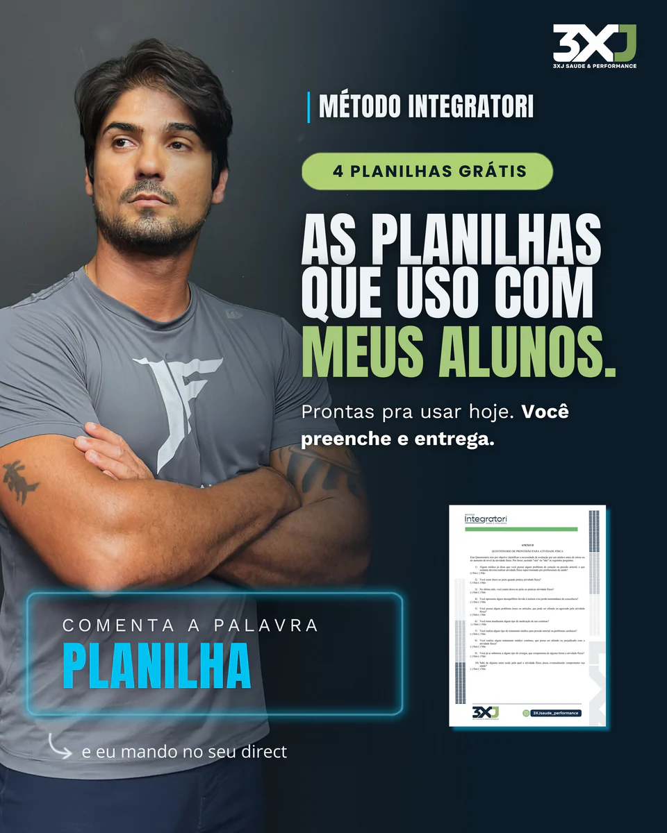 post do método integratori: júnior fernandes de braços cruzados e a chamada “as planilhas que uso com meus alunos”, com 4 planilhas grátis